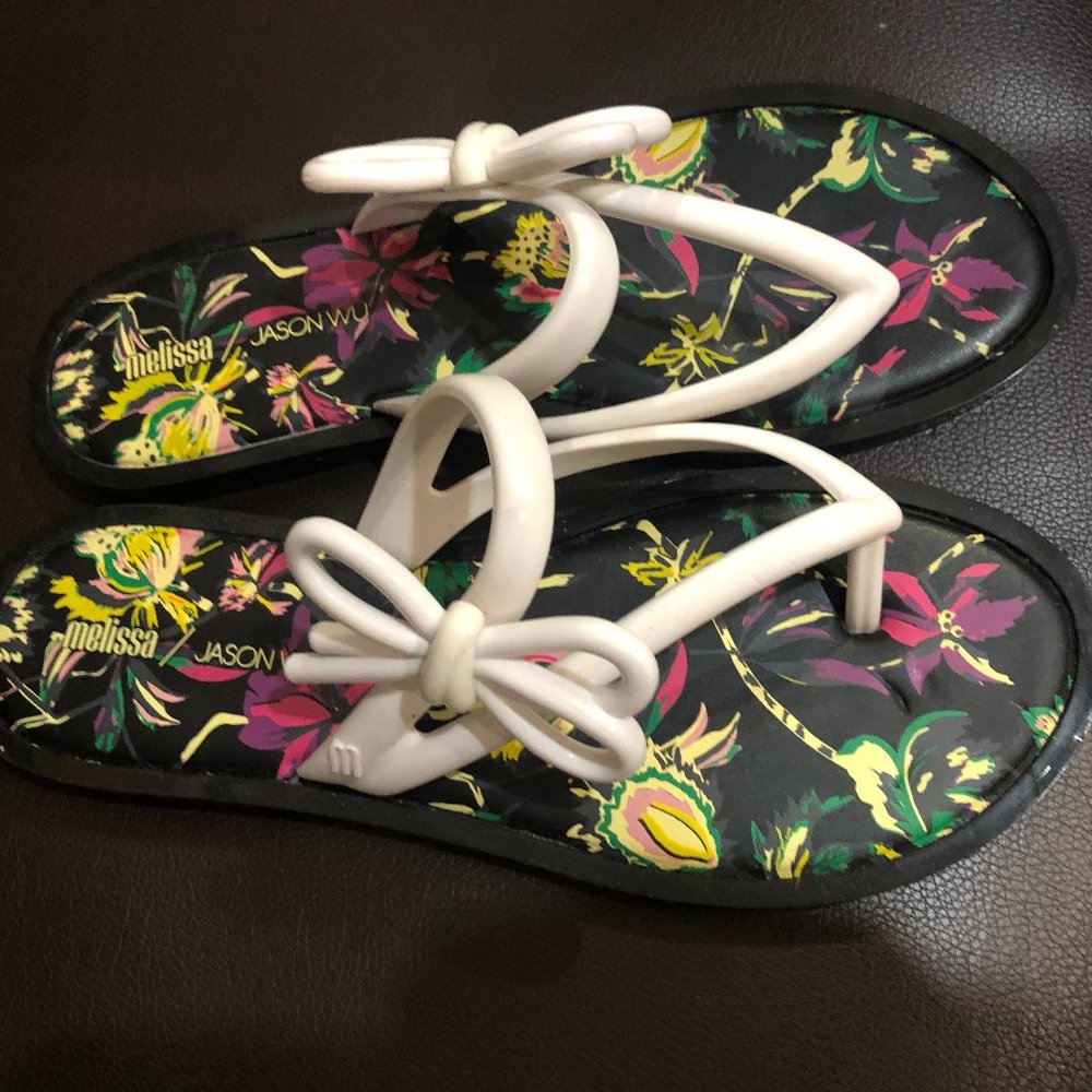 Melissa x Jason Wu White Bow Jelly Flip Flop Sandals | Floral | US 10 | NWOT